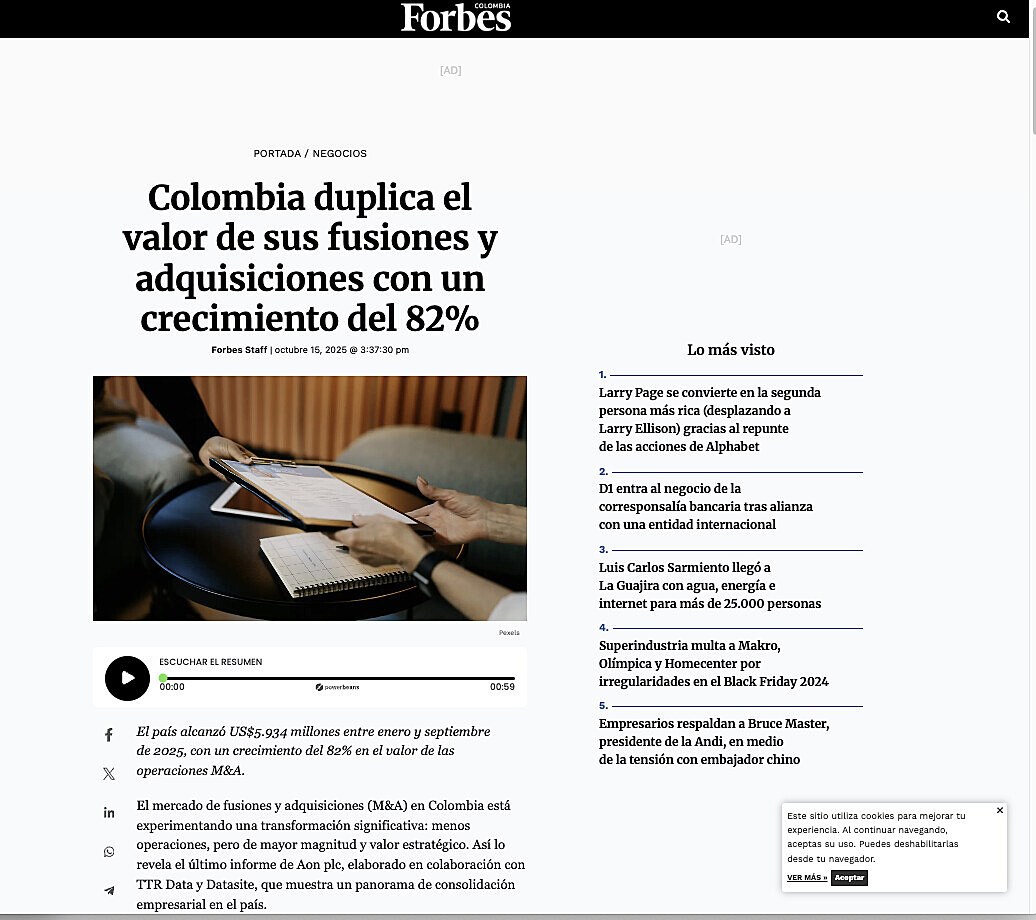 Portada / Negocios Colombia duplica el valor de sus fusiones y adquisiciones con un crecimiento del 82%